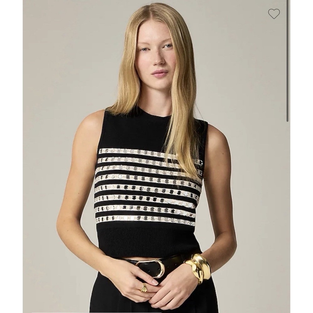 J.CREW. Embellished Sweater Shell Small Black Cream NEW Mirrors‎ Career CG794